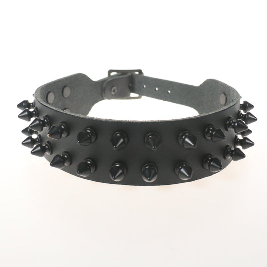 NB006-BLK NB006 - 2 Row BLACK Spike LEATHER Choker
