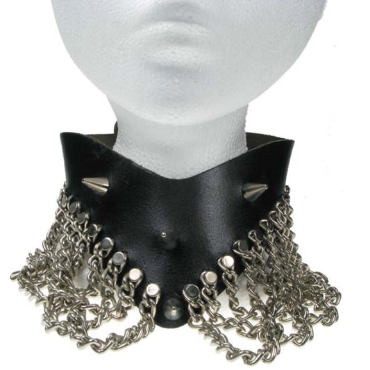 NB008 Chain and Cone Spike V Neck Leather Choker