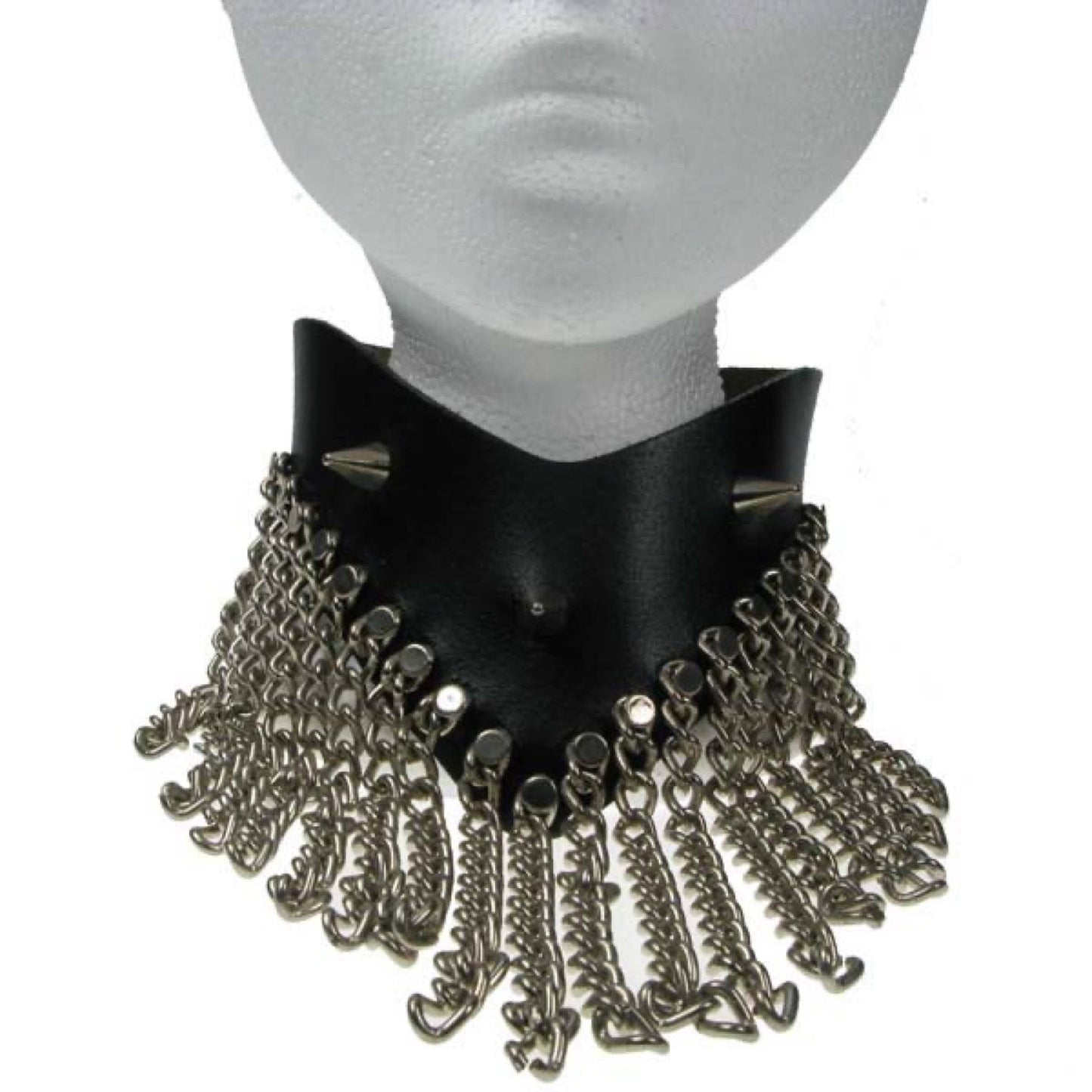 NB014 Chain and Cone Spike V Neck Leather Choker