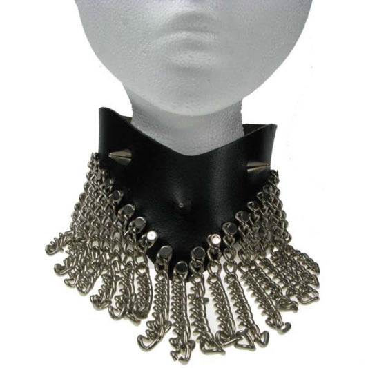 NB014 Chain and Cone Spike V Neck Leather Choker