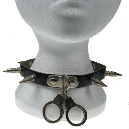 NB032 1 Row Medium Spike & Handcuff Leather Choker