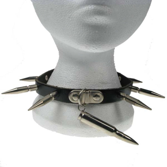 NB038 1 Row Large Spike & Bullet Leather Choker
