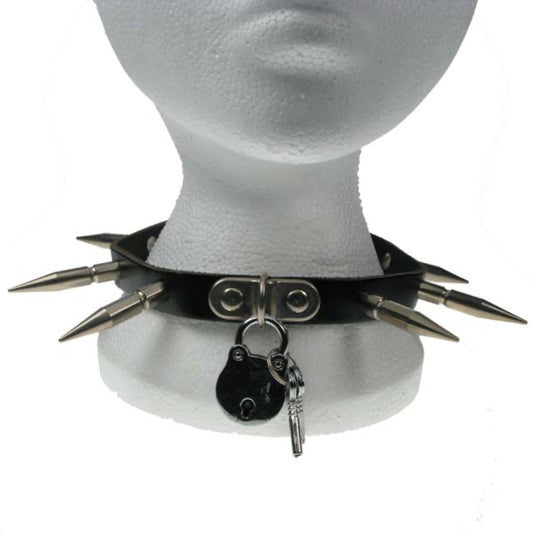 NB040 1 Row Large Spike and Padlock Leather Choker
