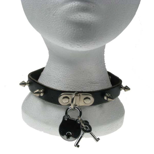 NB041 1 Row Small Spike and Padlock Leather Choker