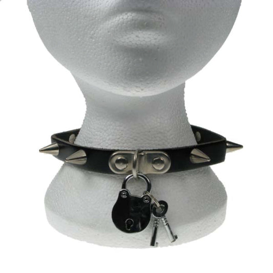 NB043 1 Row Small Cone Spike and Padlock Leather Choker