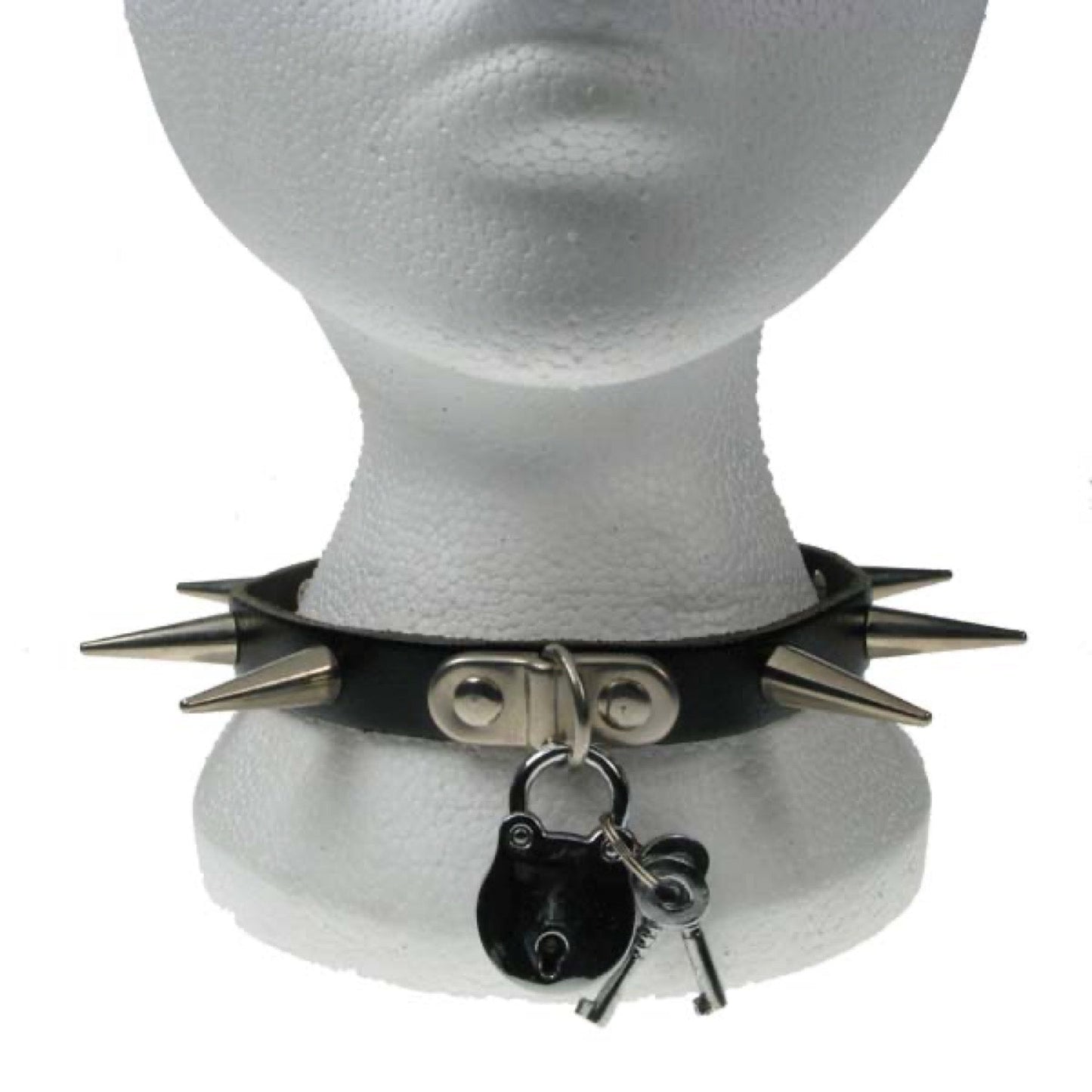 NB044 1 Row Medium Cone Spike and Padlock Leather Choker
