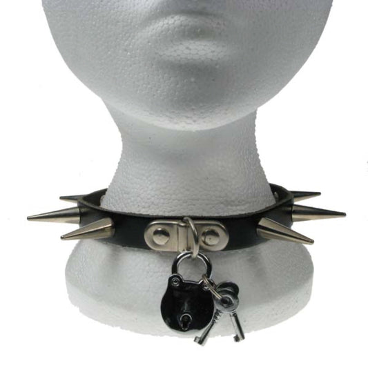 NB044 1 Row Medium Cone Spike and Padlock Leather Choker