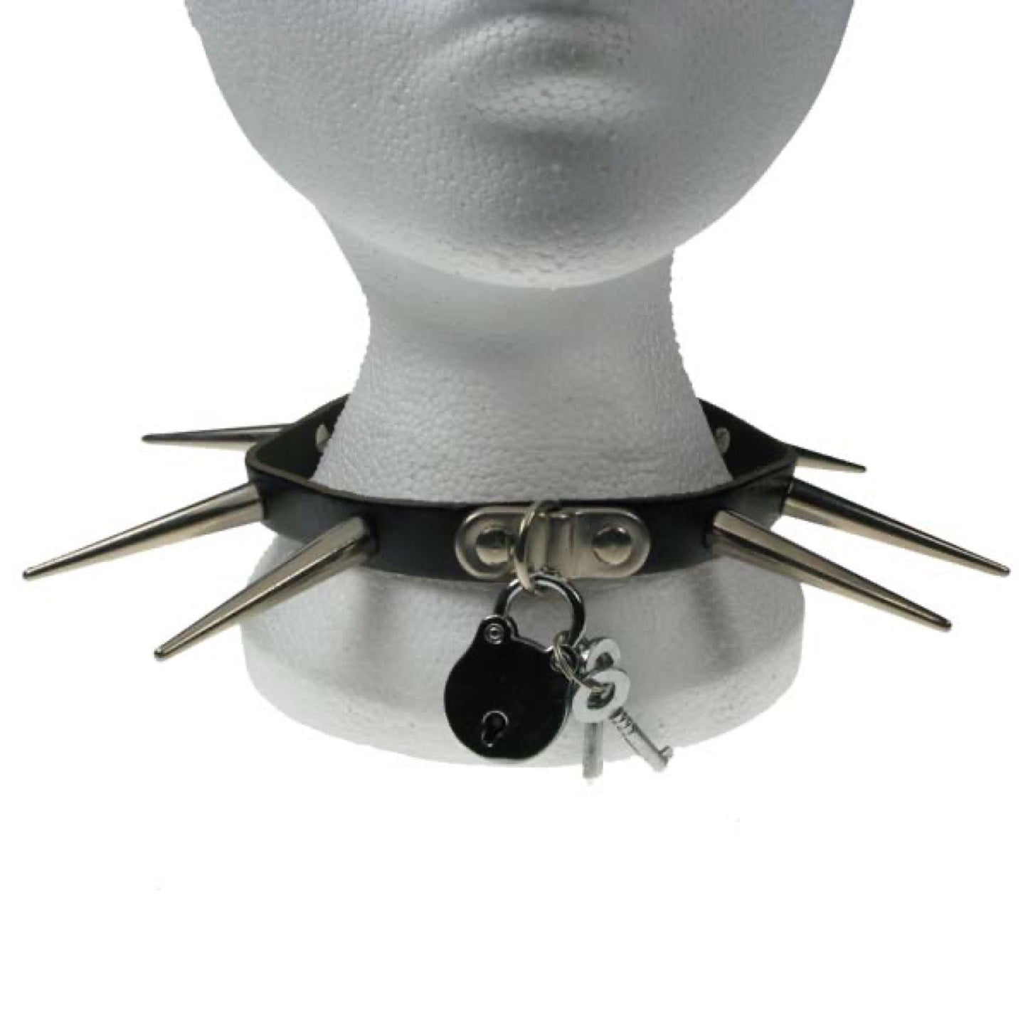 NB045 1 Row Large Cone Spike and Padlock Leather Choker