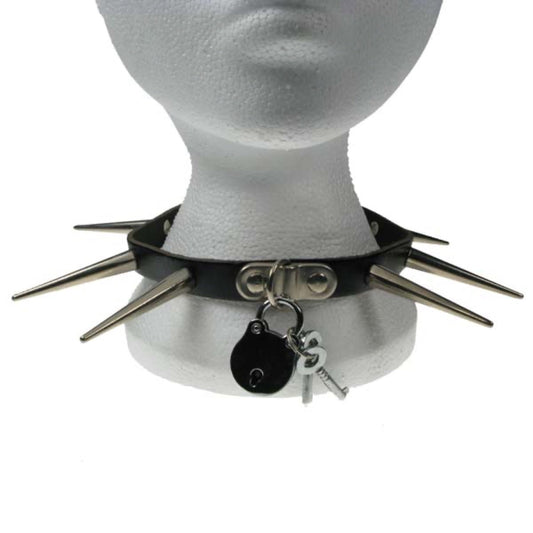 NB045 1 Row Large Cone Spike and Padlock Leather Choker