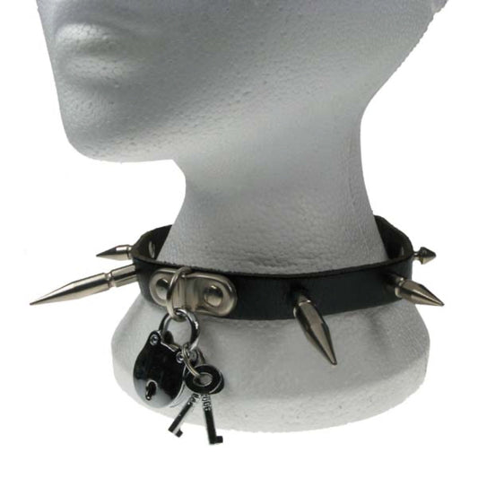 NB047 1 Row Small, Medium and Large Spike and Padlock Leather Choker