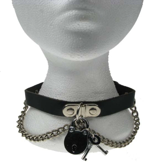 NB048 1 Row Chain and Padlock Leather Choker