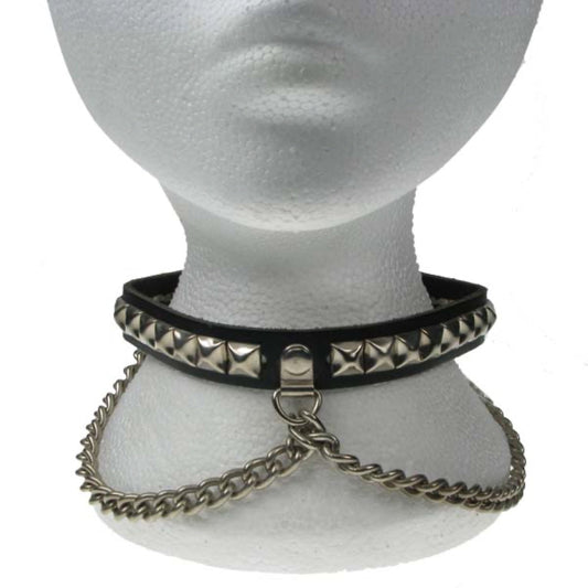 NB050 1 Row 10mm Small Pyramid & Chain Leather Choker