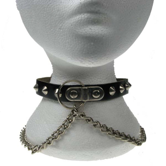 NB053 1 Row Conical, Chain, Handle Plate and Ring Leather Choker
