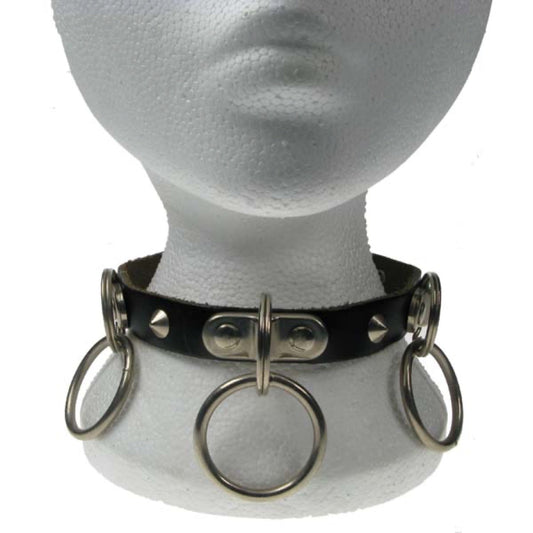 NB056 1 Row Conical Handle Plate and 3 Medium Rings Leather Choker