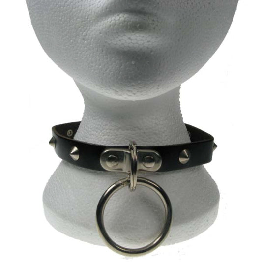 NB057 1 Row Conical, Handle Plate and Large Ring Leather Choker