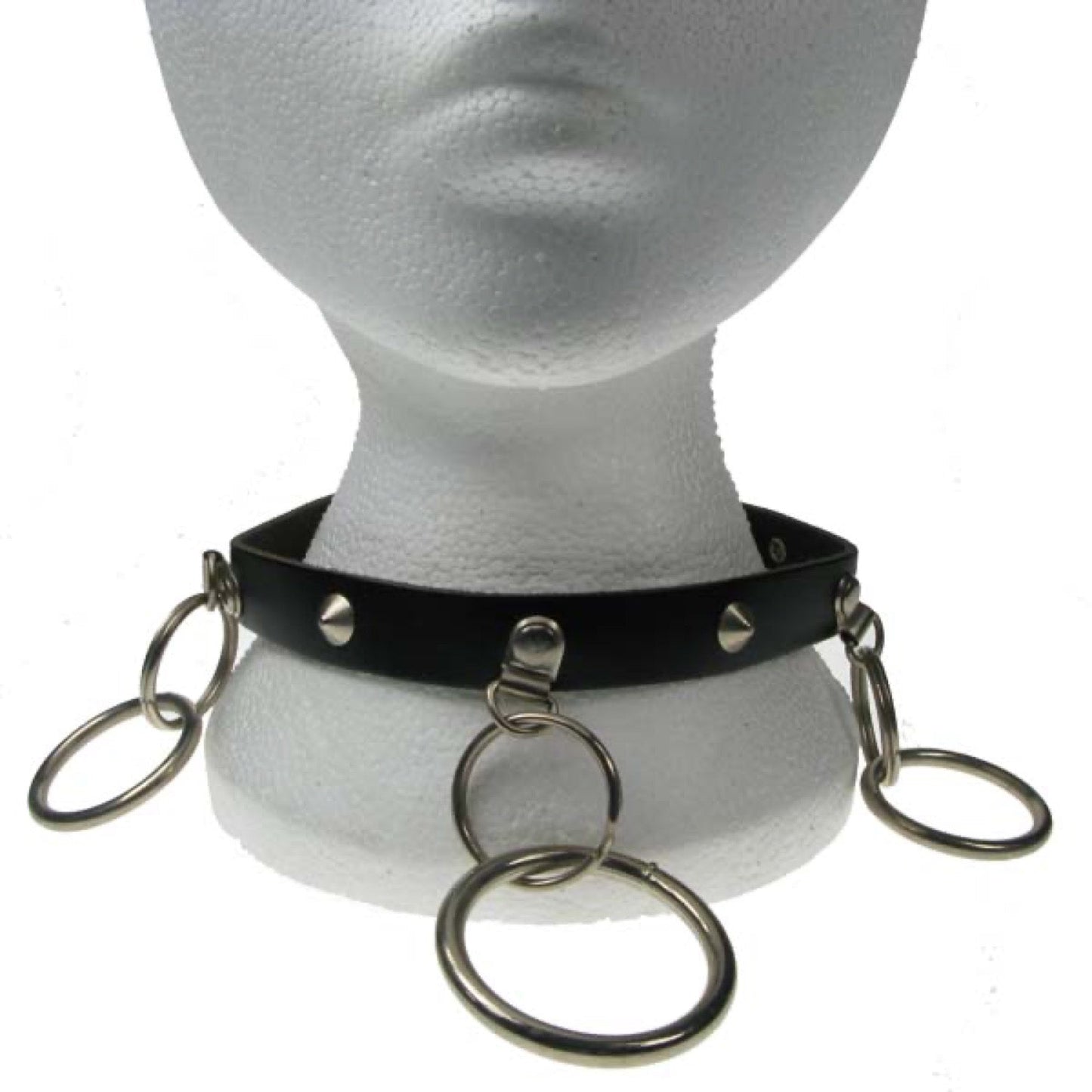 NB058 1 Row Conical and 3 Key Rings and Medium Rings Leather Choker