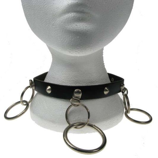 NB058 1 Row Conical and 3 Key Rings and Medium Rings Leather Choker
