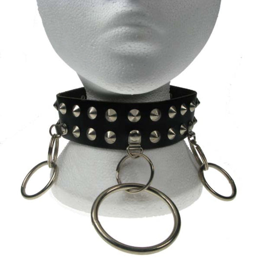 NB062 2 Row Conical and Keyrings 2 Medium and 1 Large Ring Leather Choker