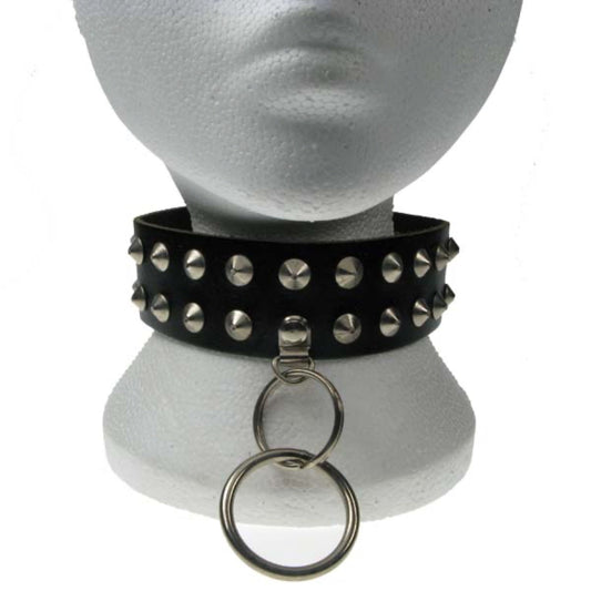NB063 2 Row Conical and Medium Ring Leather Choker