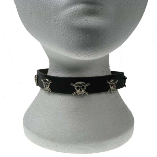 NB093 1 Row Skull and Crossbones Leather Choker