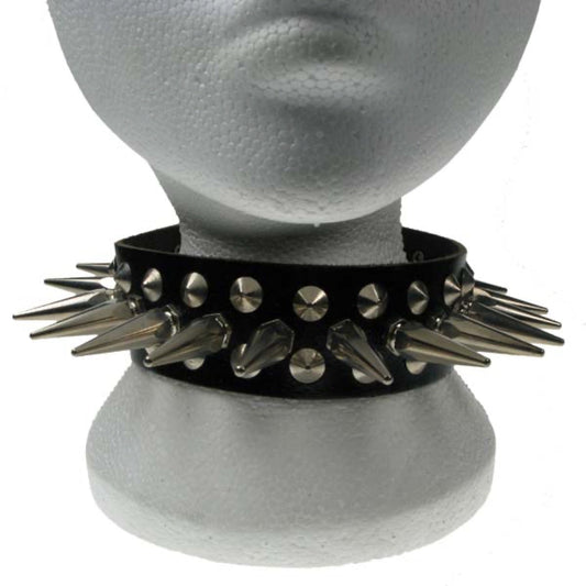 NB103 2 Row width 1 Row Medium Hexagonal Spike with 2 Row Conical edge Leather Choker