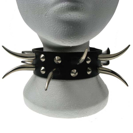 NB106 2 Row Conical, Medium Tusk & Saber tooth Leather Choker