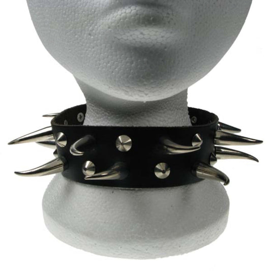 NB108 2 Row Conical and Medium Tusk Check Leather Choker