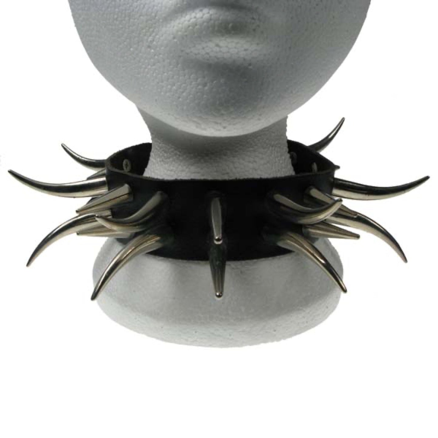 NB113 2 Row Medium Cone Spikes and Large Tusk Leather Choker
