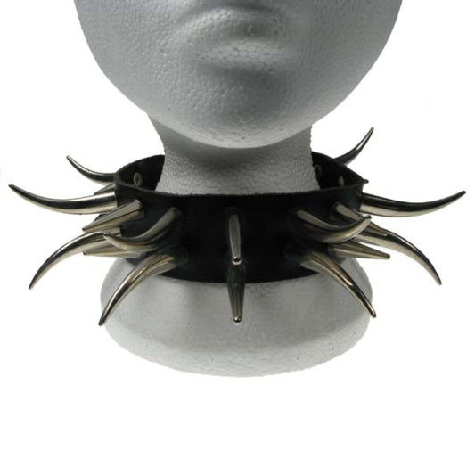 NB113 2 Row Medium Cone Spikes and Large Tusk Leather Choker
