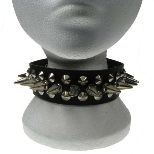 NB116 2 Row width 1 Row Small Hexagonal Spike with 2 Row Conical edge Leather Choker
