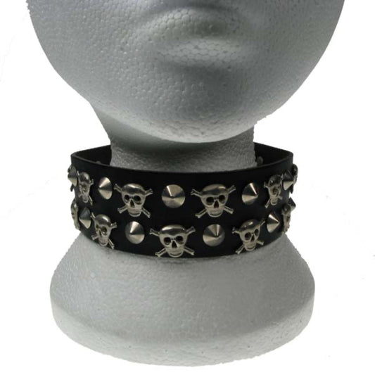 NB122 2 Row Conical and Skull and Crossbone check Leather Choker