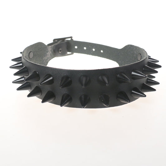 NB123-BLK 2 Row Black Cone Leather  Choker
