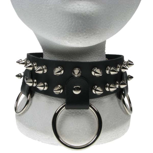 NB126 2 Row Spike & Medium and Large Rings Leather Choker