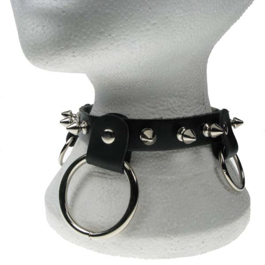 NB127 1 Row Spike & Small and Medium Rings Leather Choker