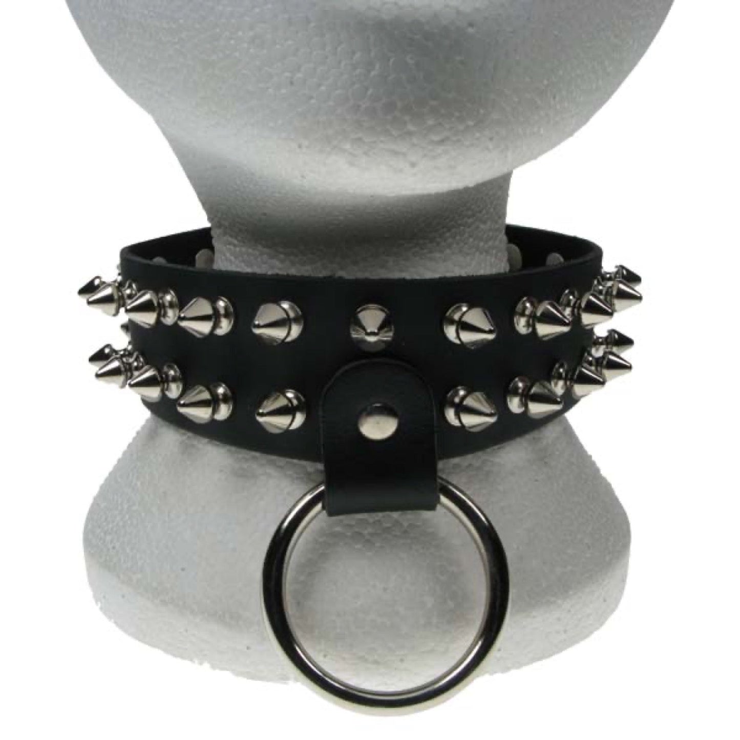 NB134 2 Row Spike and Large Ring Leather Choker