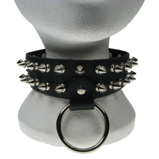 NB134 2 Row Spike and Large Ring Leather Choker