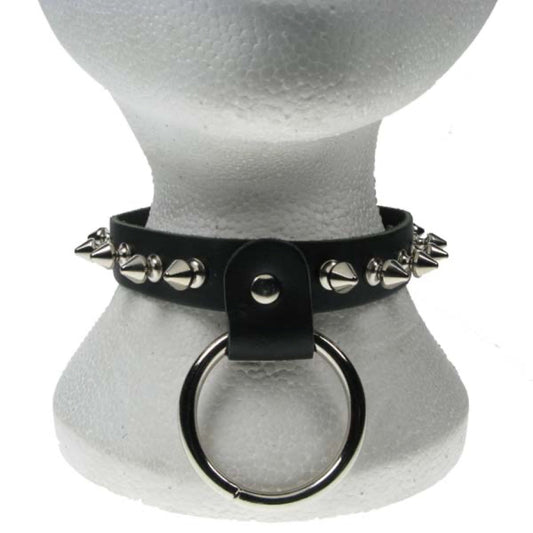 NB136 1 Row Spike and Large Ring Leather Choker