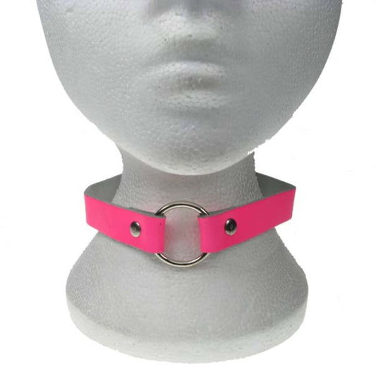 NB175 1 Row pink Choker with 1 small ring Leather Choker - F.Pink