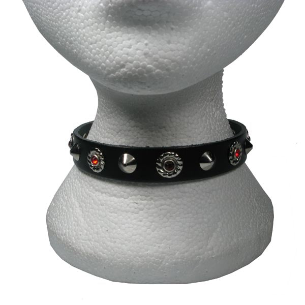 NB184 Conical & Red Jewel Fitting 1 Row Leather Choker