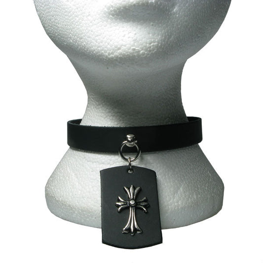 NB206 1 Row width with Lines Crucifix / Cross attached Leather Choker