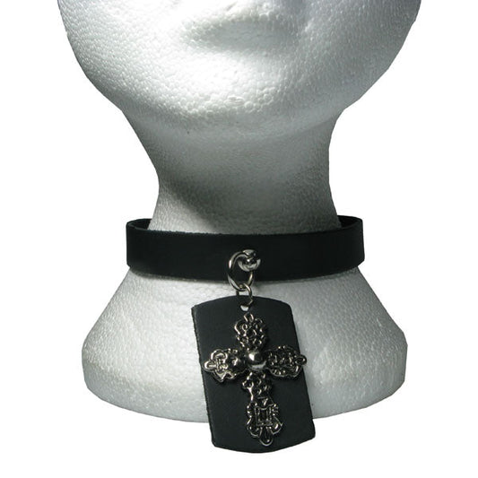 NB207 1 Row width with Crucifix / Cross metal fitting attached Leather Choker