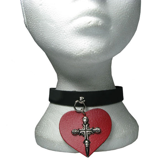 NB212 1 Row width with Skulls Crucifix / Cross on Red Leather Heart attached with Metal Ring Fitting Leather Choker