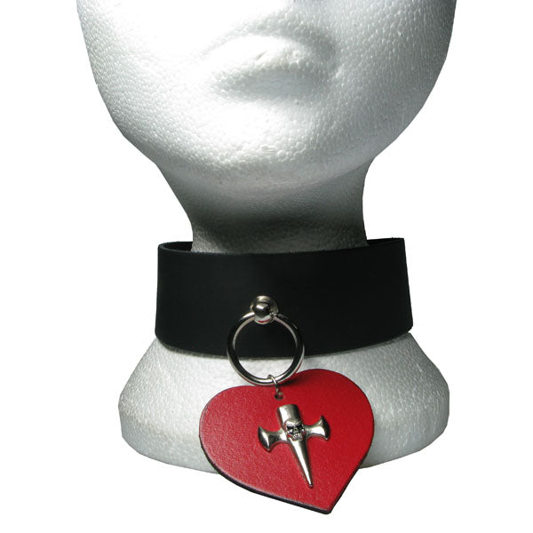 NB213 2 Row width with Skull Crucifix / Cross  on Red Leather Heart attached with Metal Ring Fitting Leather Choker