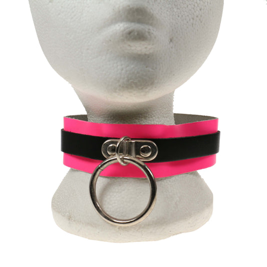 NB214A 2 Row Fl Pink with Black Strip w/Medium ring Leather Choker - F.Pink  Black