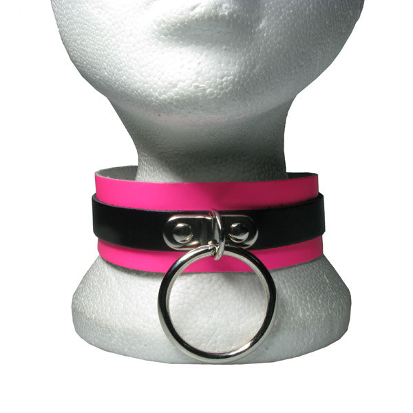 NB214 1 Row width Medium Ring with Metal Clasp with 3 Row Leather Backing - F.Pink  Black  Leather Choker