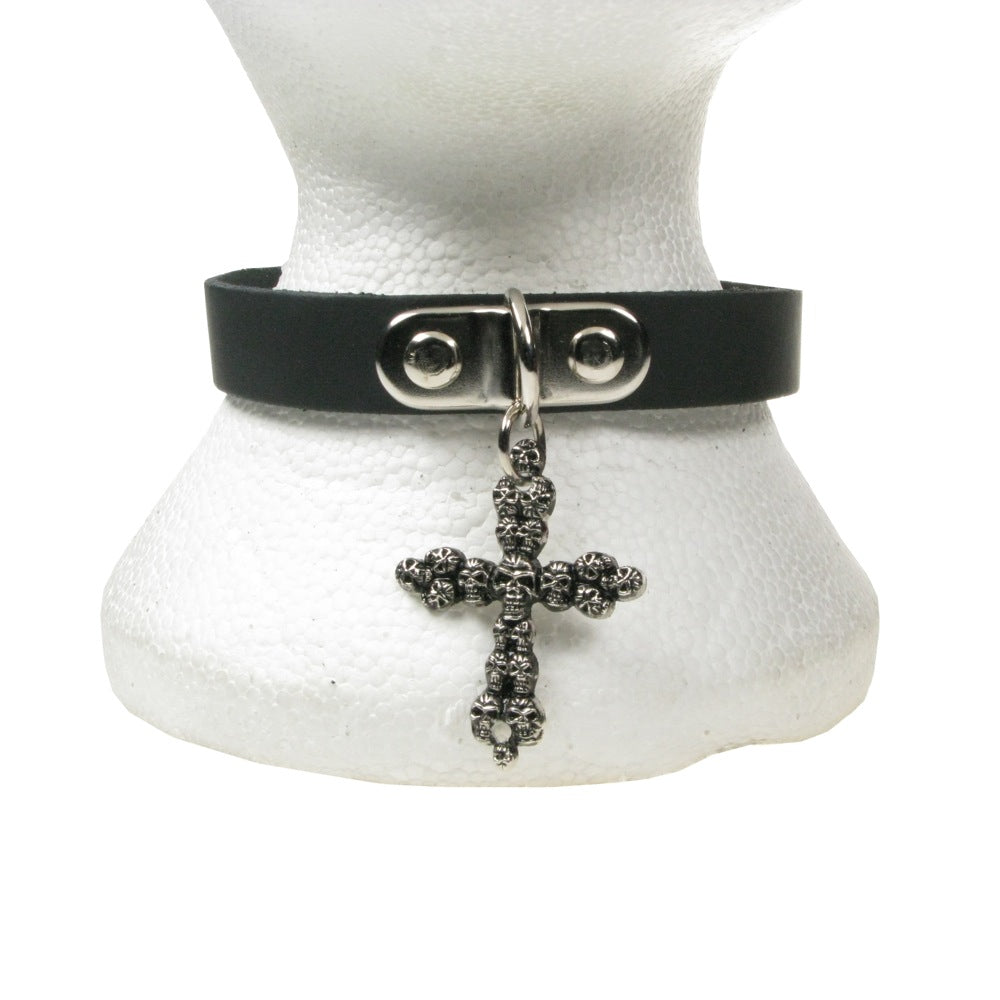 NB226 1 Row Skull Crucifix Leather Choker