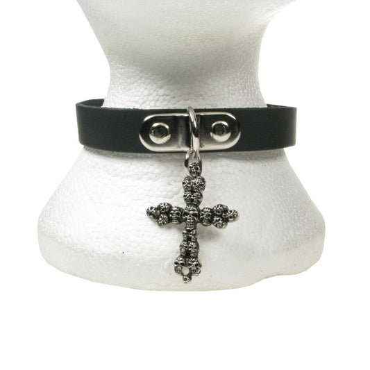 NB226 1 Row Skull Crucifix Leather Choker