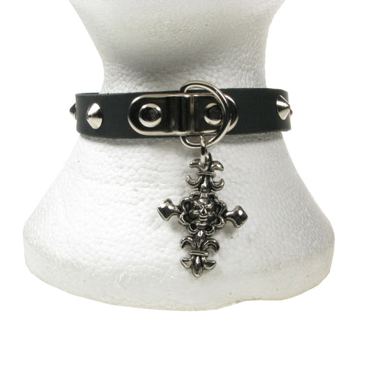 NB228 1 Row GOTHIC CRUCIFIX W/ Conical LEATHER Choker