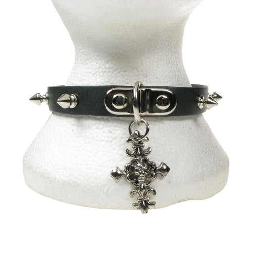 NB230 1 Row Spike w/Skull Crucifix Leather Choker