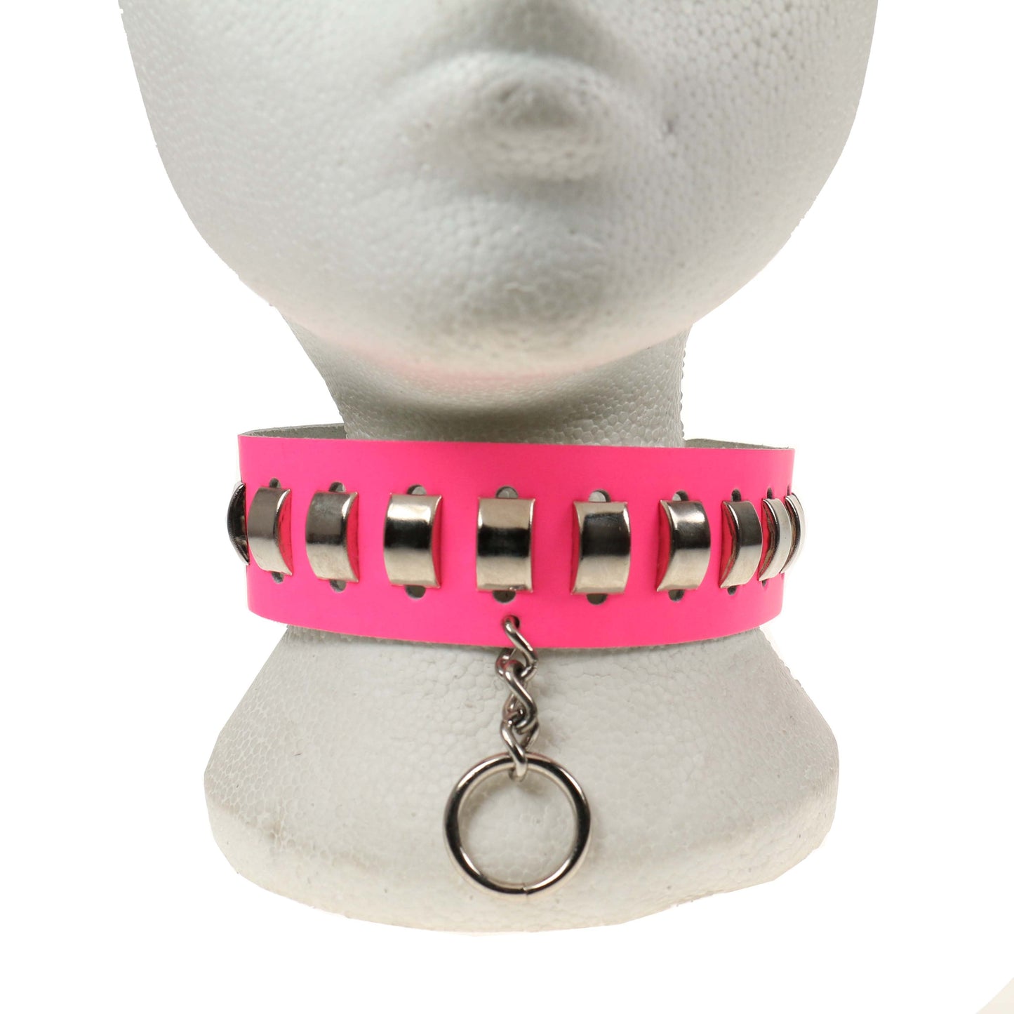 NB234 2 Row Fl Pink Curved Metal Fitting and Hanging Small Ring Leather Choker - F.PINK